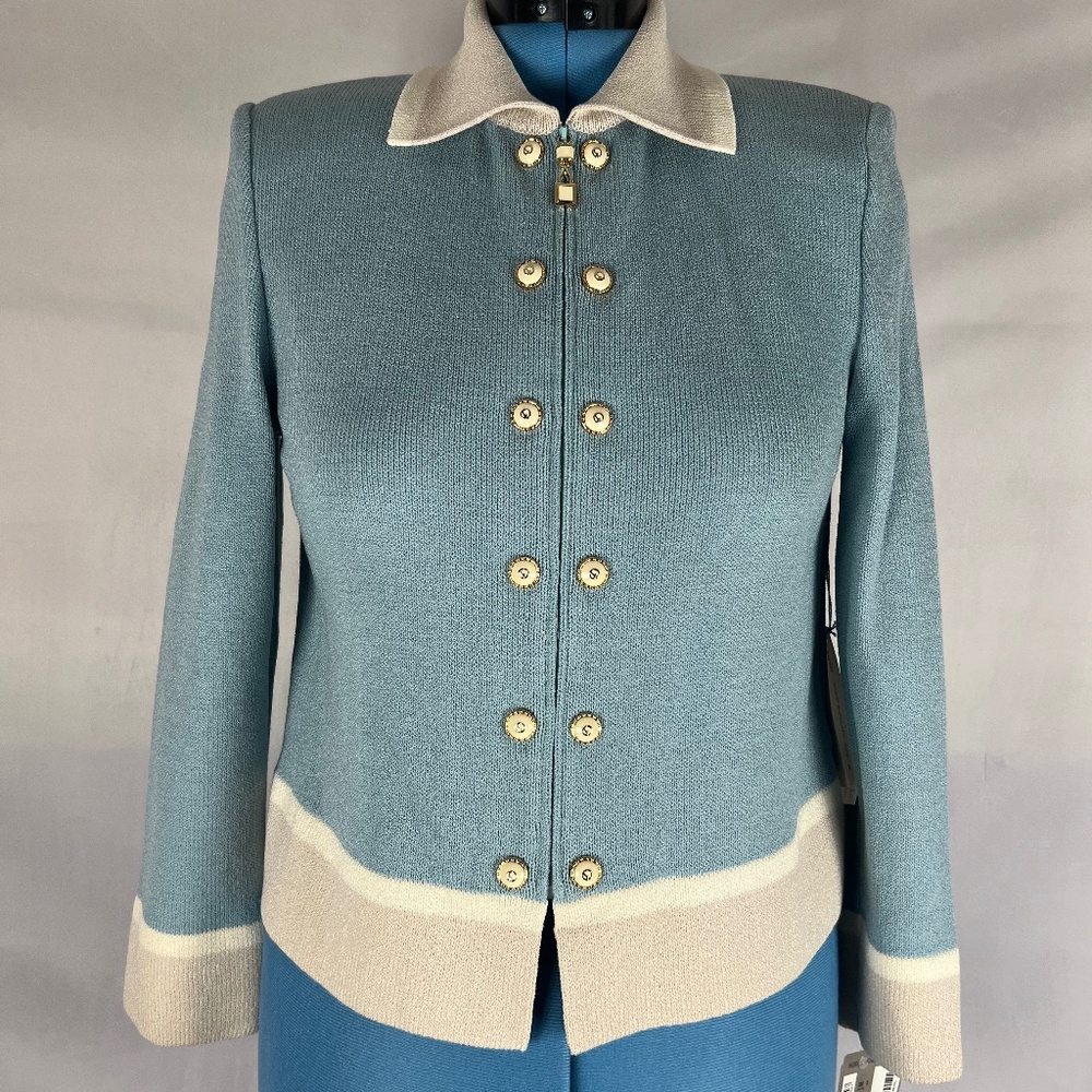 Vintage STJOHN Marie Gray Cropped Two tone Teal Beige Satana Knit Blazer Jacket